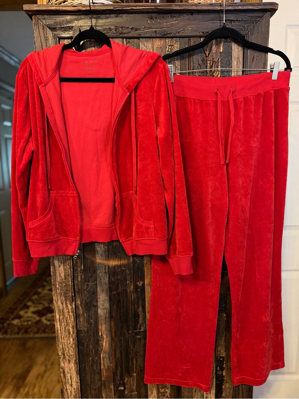 NY&C Sport New York & Company Red Velour Tracksuit Set Hoodie Pants Large Y2K L